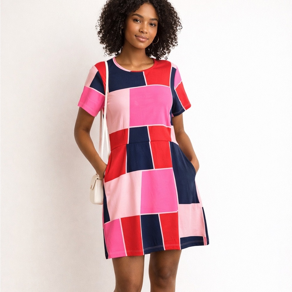 Julie Brown NYC Colorblock Shift Dress Pink Navy Red Mod Geometric Dress